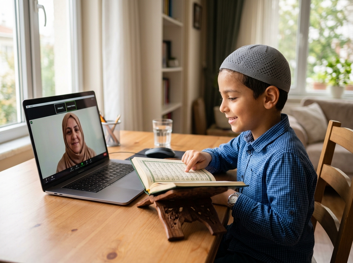 Young student reading Holy Quran with dedication and proper posture