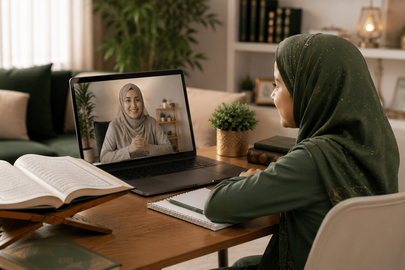 Certified female scholar providing warm sisterly guidance during an online Tajweed recitation class