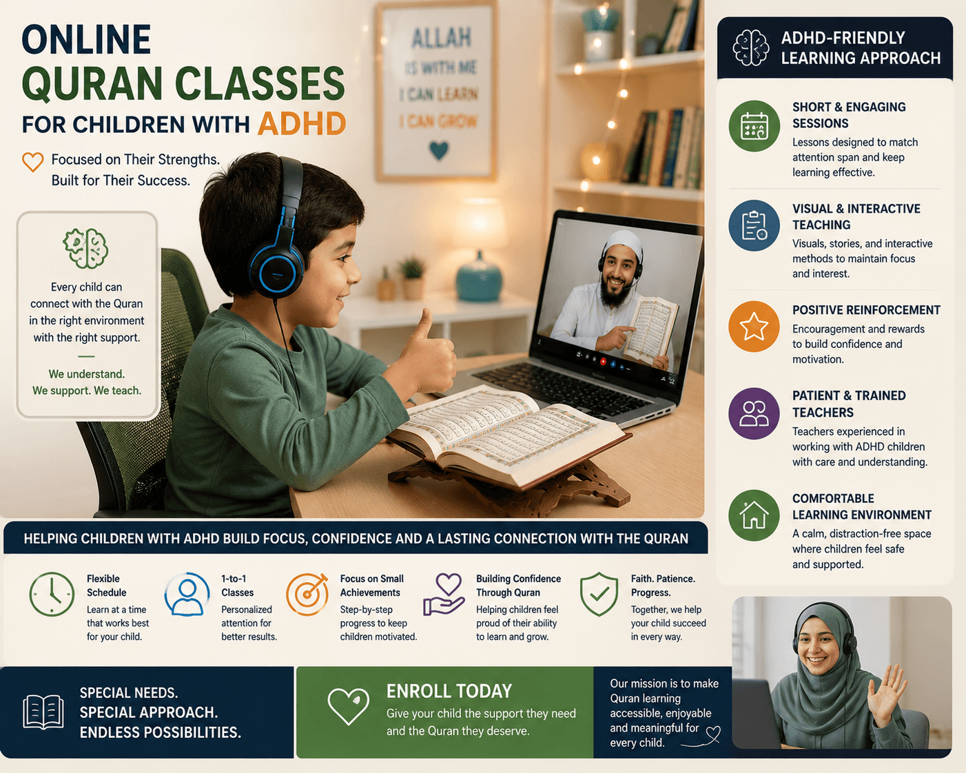 Energetic ADHD learner successfully focusing on a fast-paced interactive online Quran reading exercise