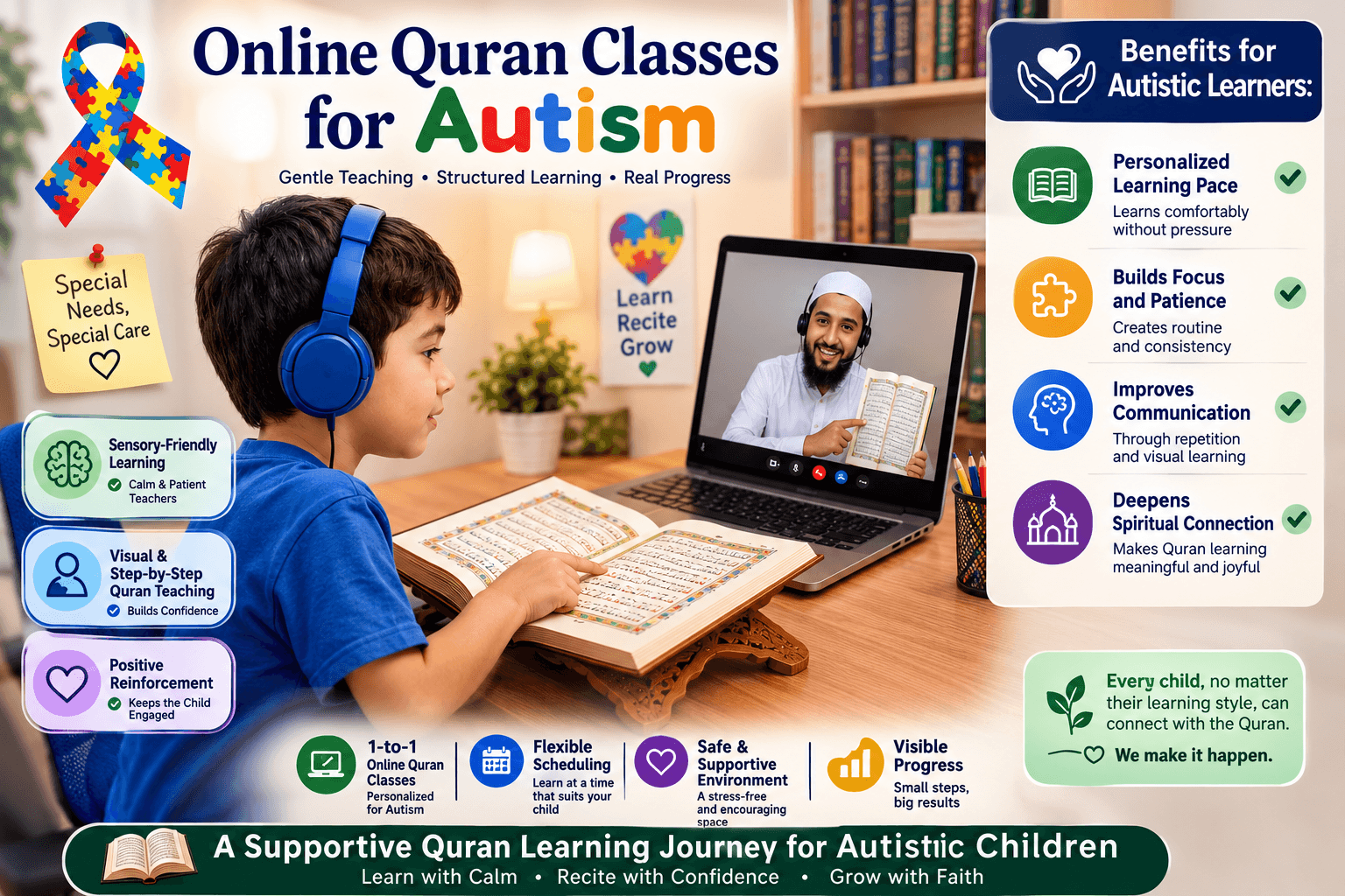 Autistic child enjoying a calm, predictable online Quran session with visual schedule cards