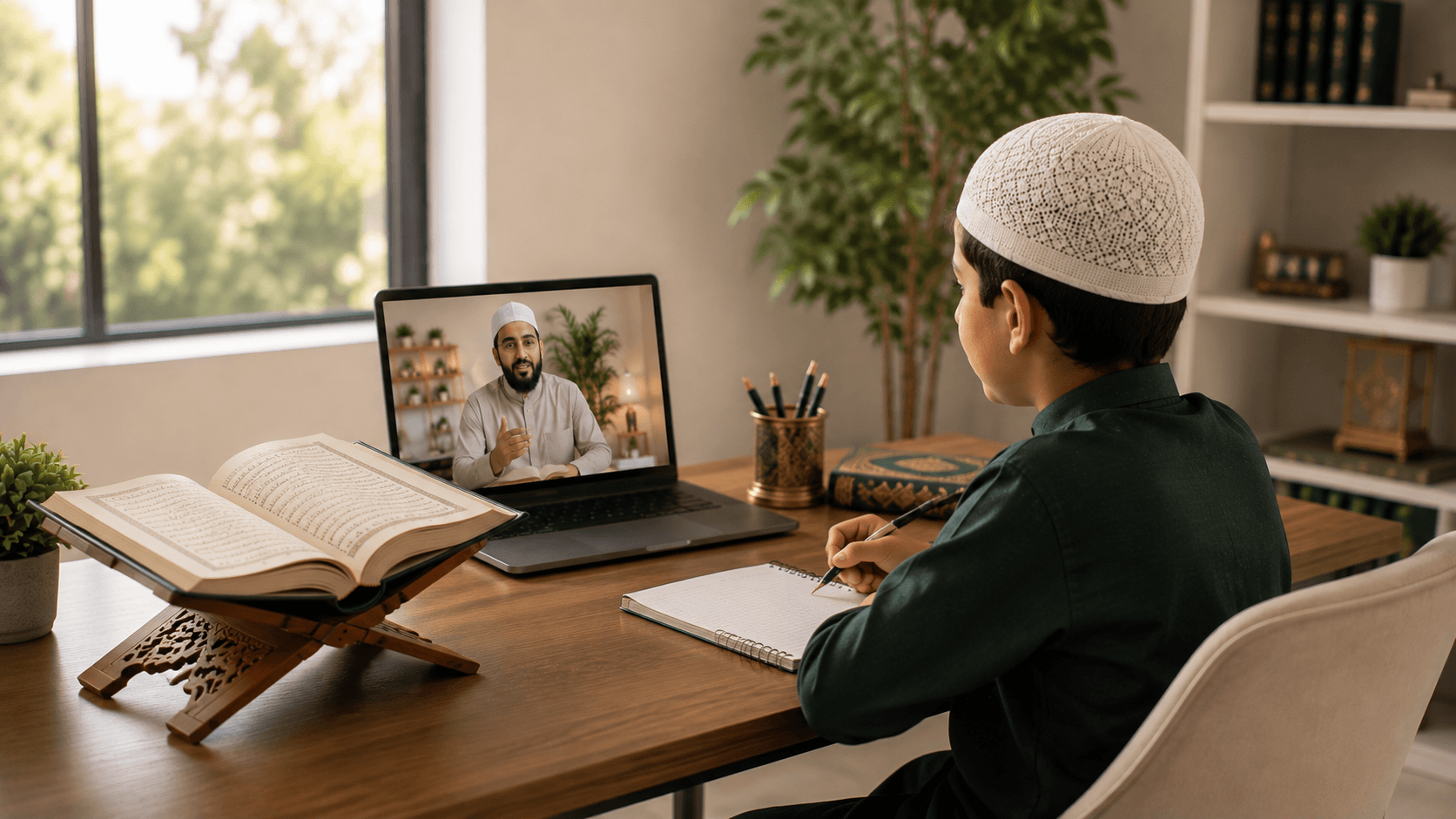 Student practicing Quran reading comfortably at home study desk with laptop and headphones