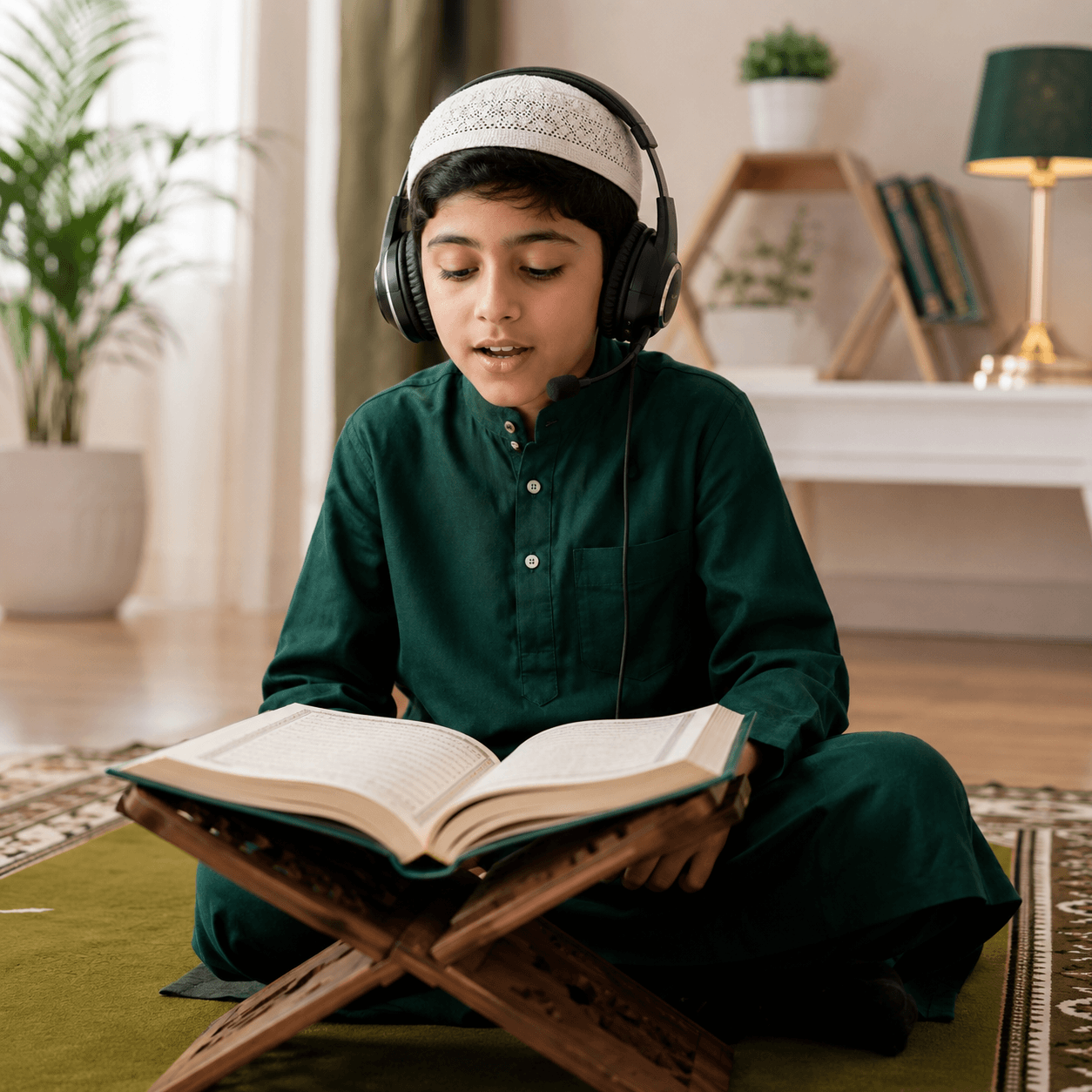 Reciter practicing melodic Quran recitation with proper breath control and Tartil rules