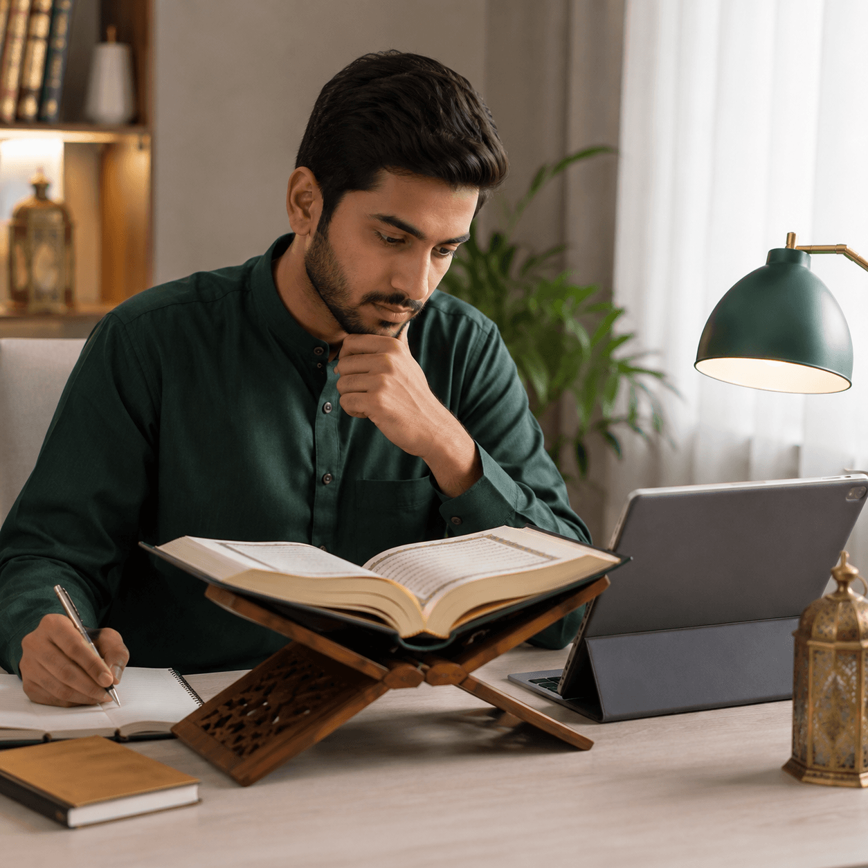 Student studying word-by-word Quran translation and Arabic grammar breakdown on split-screen