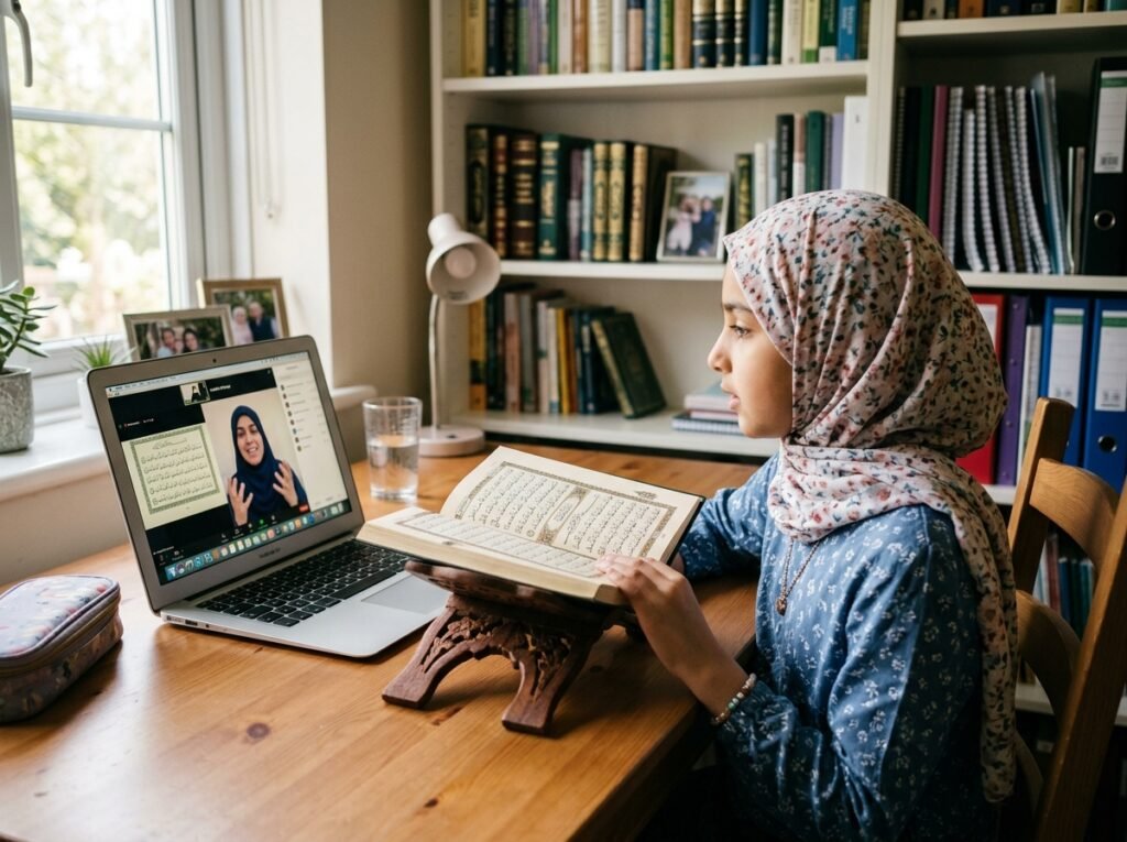 Muslim student learning Quran online with a teacher