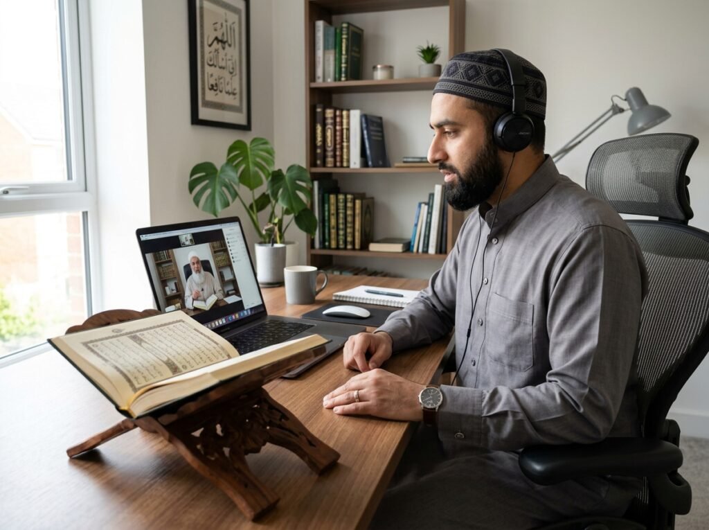 Muslim student learning Quran online with a teacher