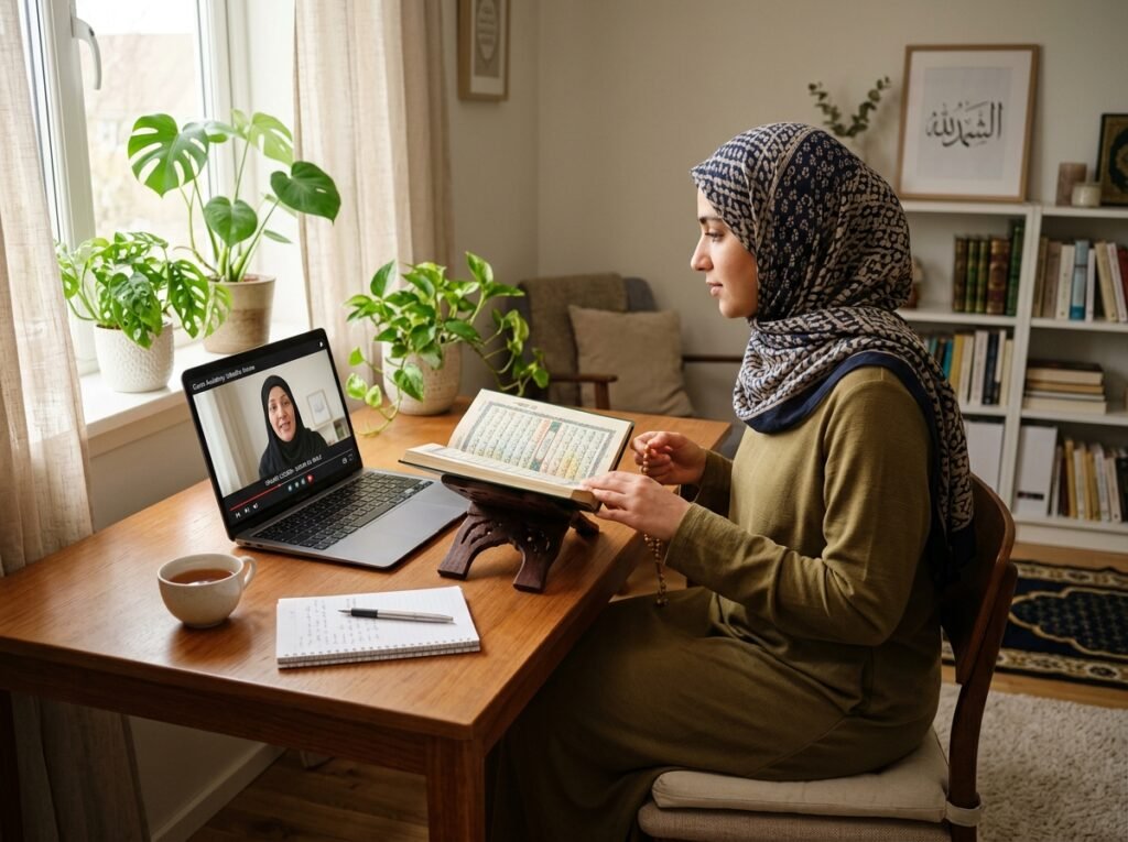Adult student learning Quran through a private online lesson
