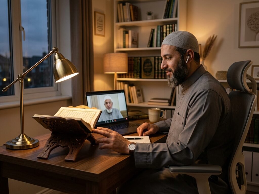 Muslim student learning Quran online with a teacher