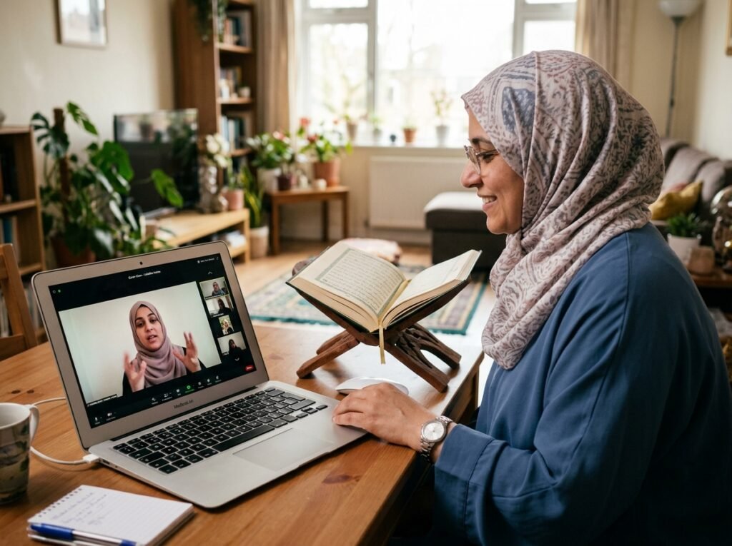 Muslim student learning Quran online with a teacher