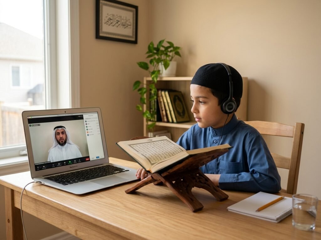 Muslim student learning Quran online with a teacher