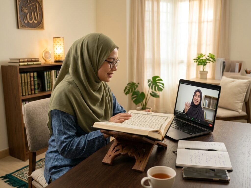 Muslim student learning Quran online with a teacher