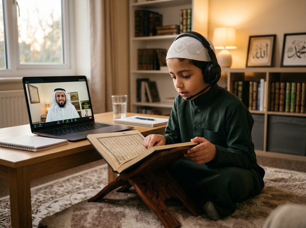 Muslim student learning Quran online with a teacher