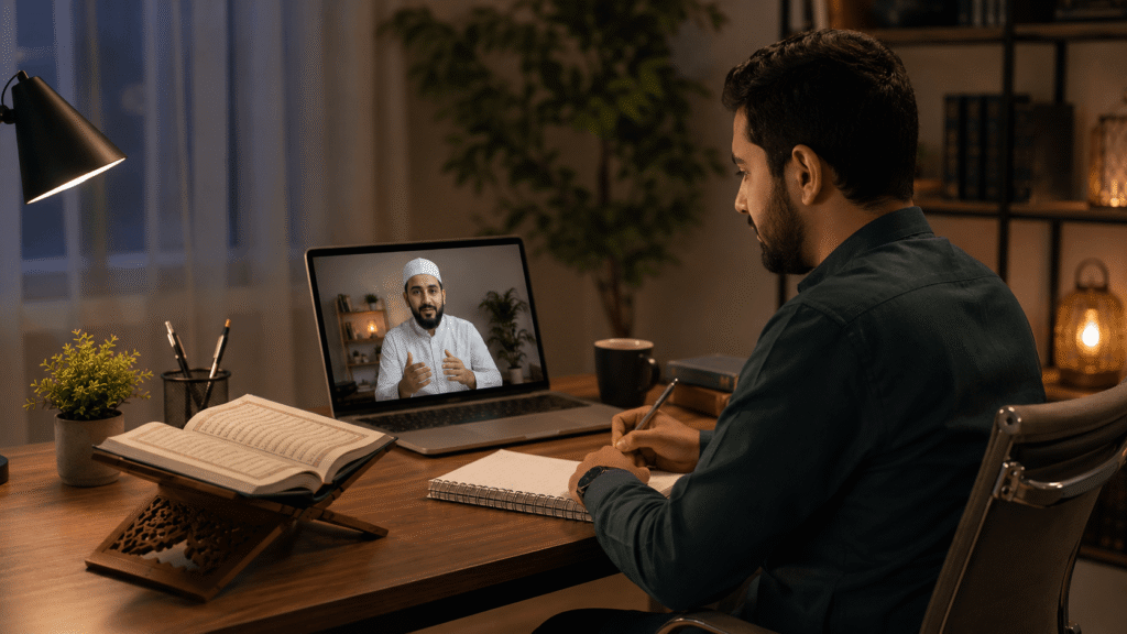 Muslim adult discussing online Quran learning with a teacher