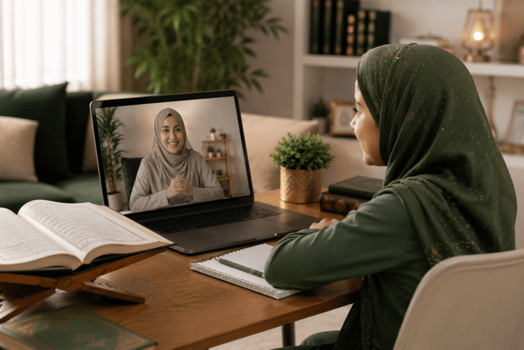 Muslim student learning Quran online with a teacher