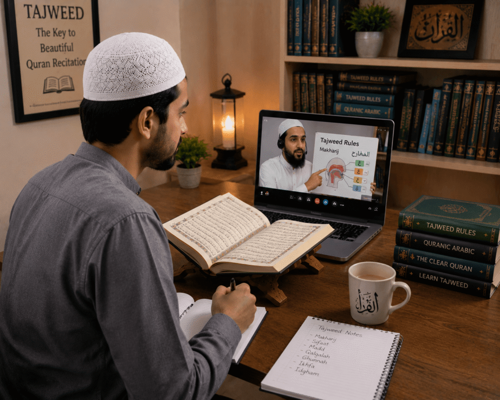 Muslim student learning Quran Tajweed online with a teacher