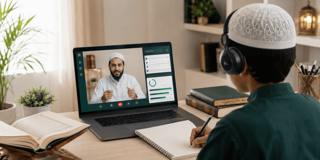 Student attending a one-on-one online Quran lesson with a teacher