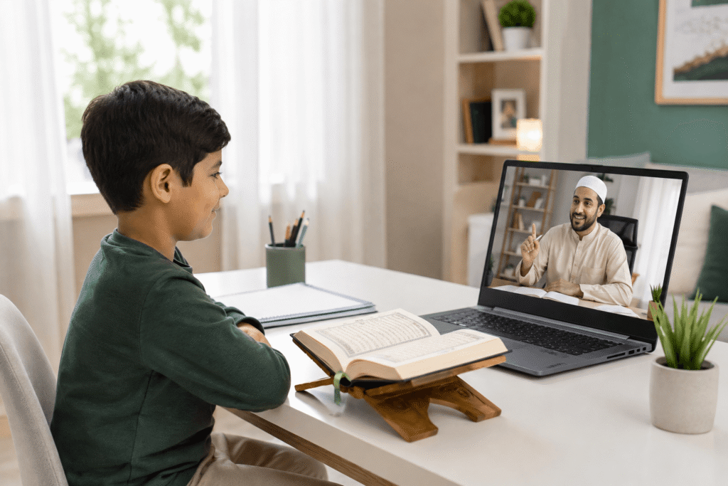 Adult student learning Quran through a private online lesson