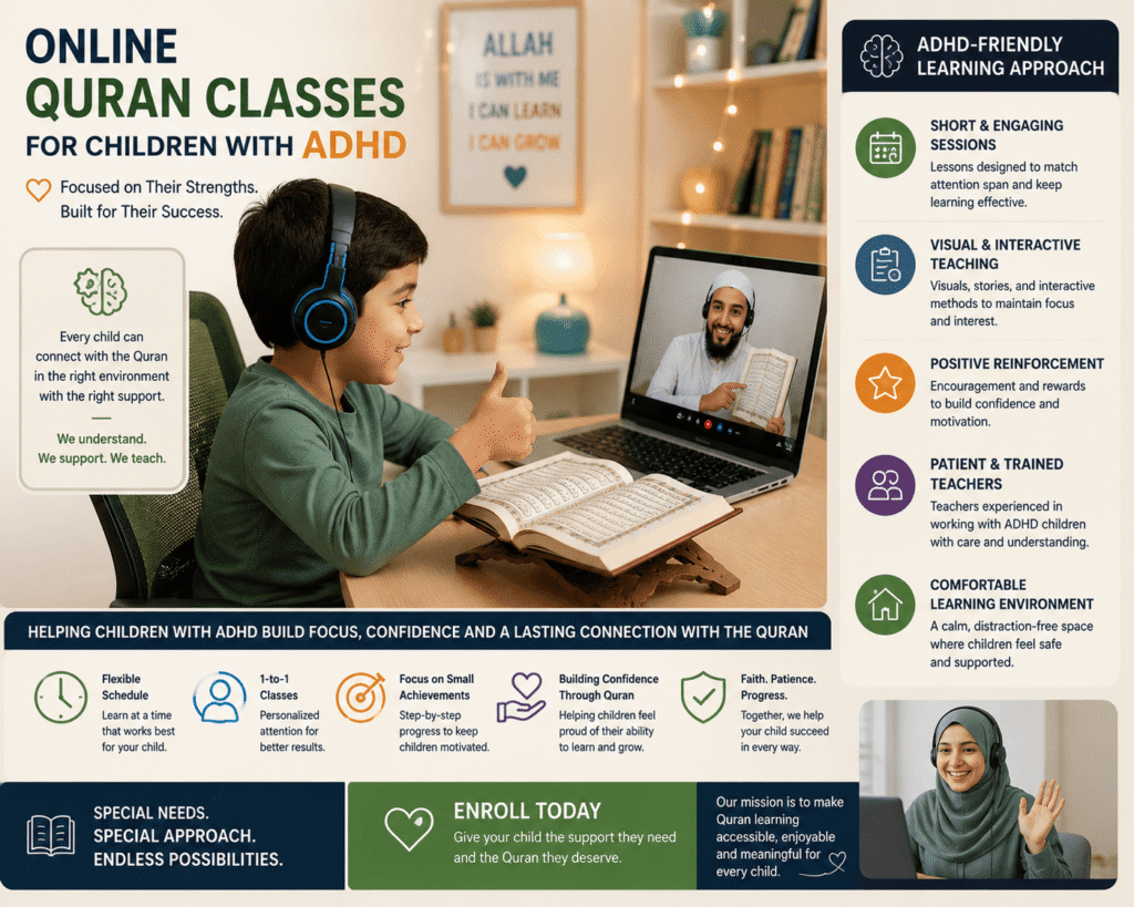 Muslim child with ADHD learning Quran online with a teacher