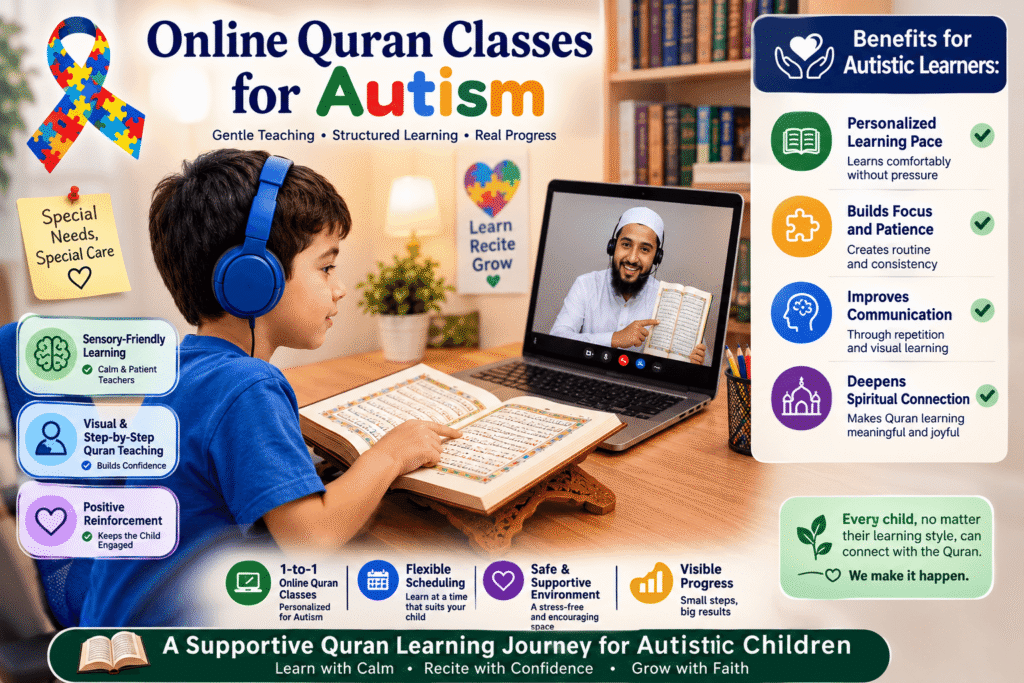 Muslim child with autism learning Quran online with a teacher