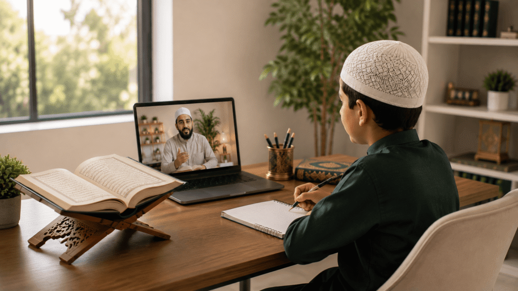 Muslim student learning Quran online with a teacher