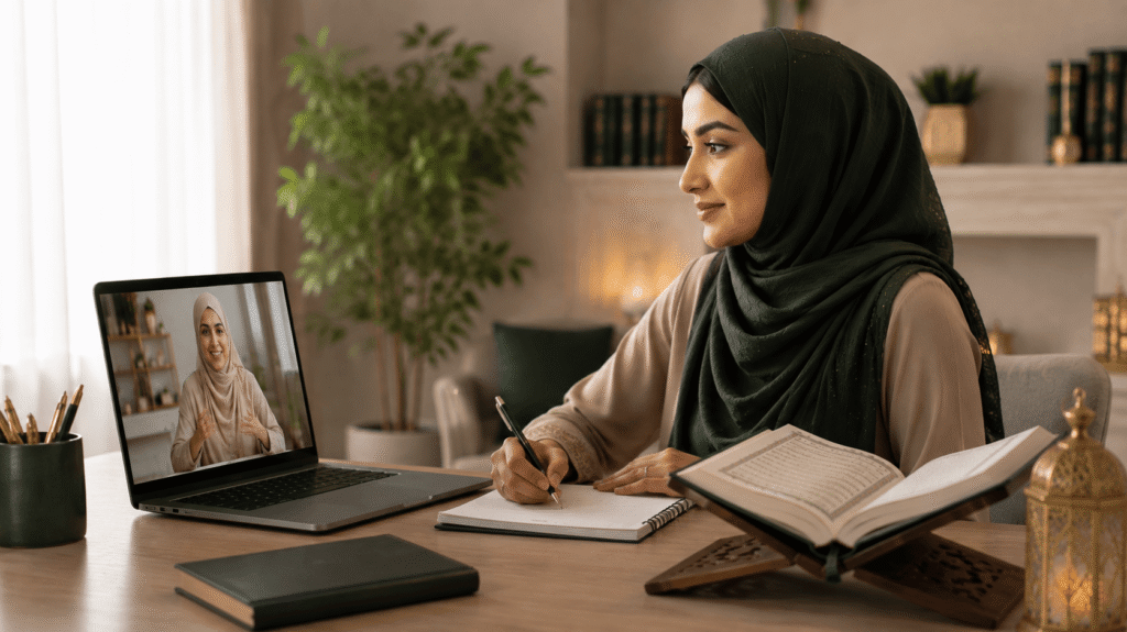 Muslim student learning Quran online with a teacher