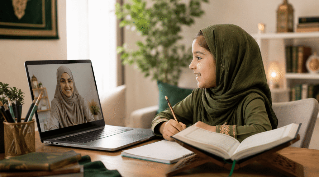 Muslim student learning Quran online with a teacher