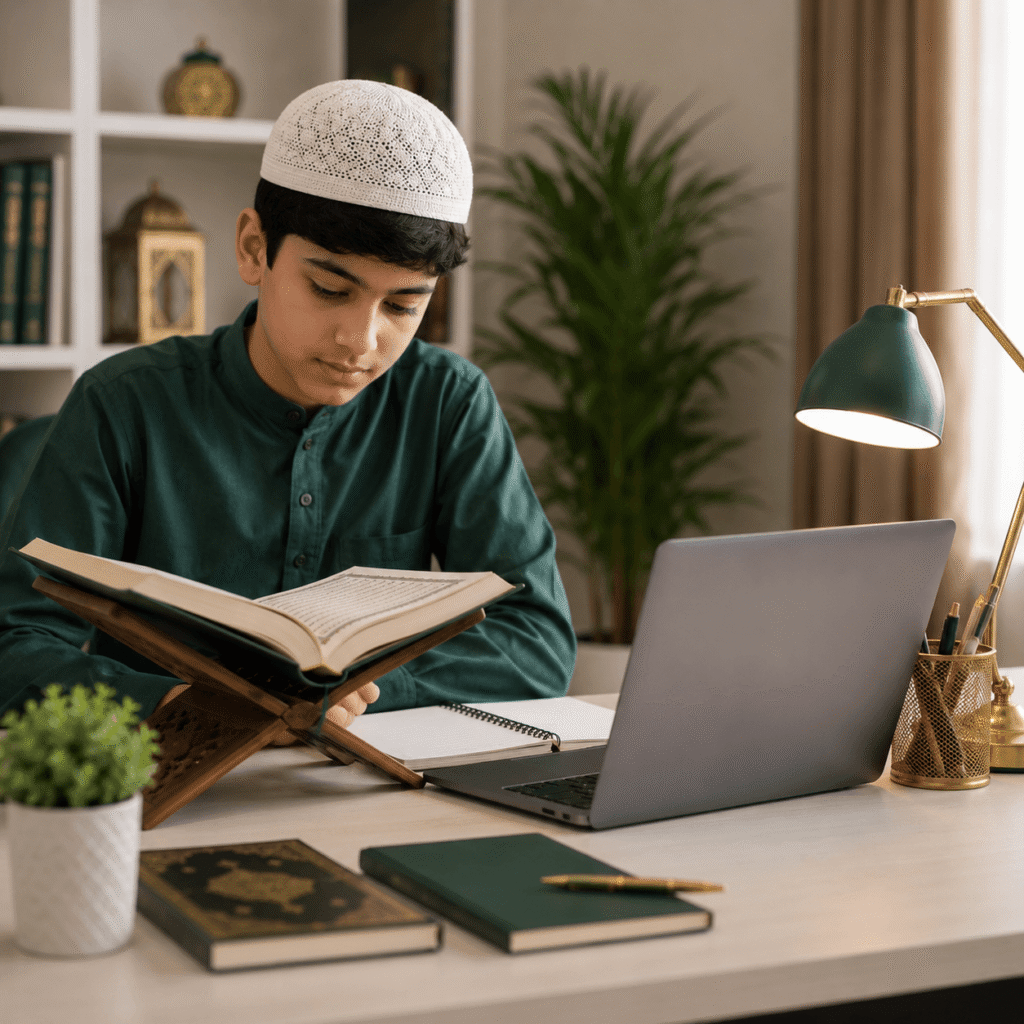 Muslim student studying Quran memorization online with a teacher