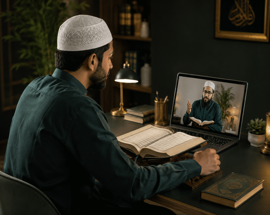 Muslim student learning Quran Tajweed online with a teacher
