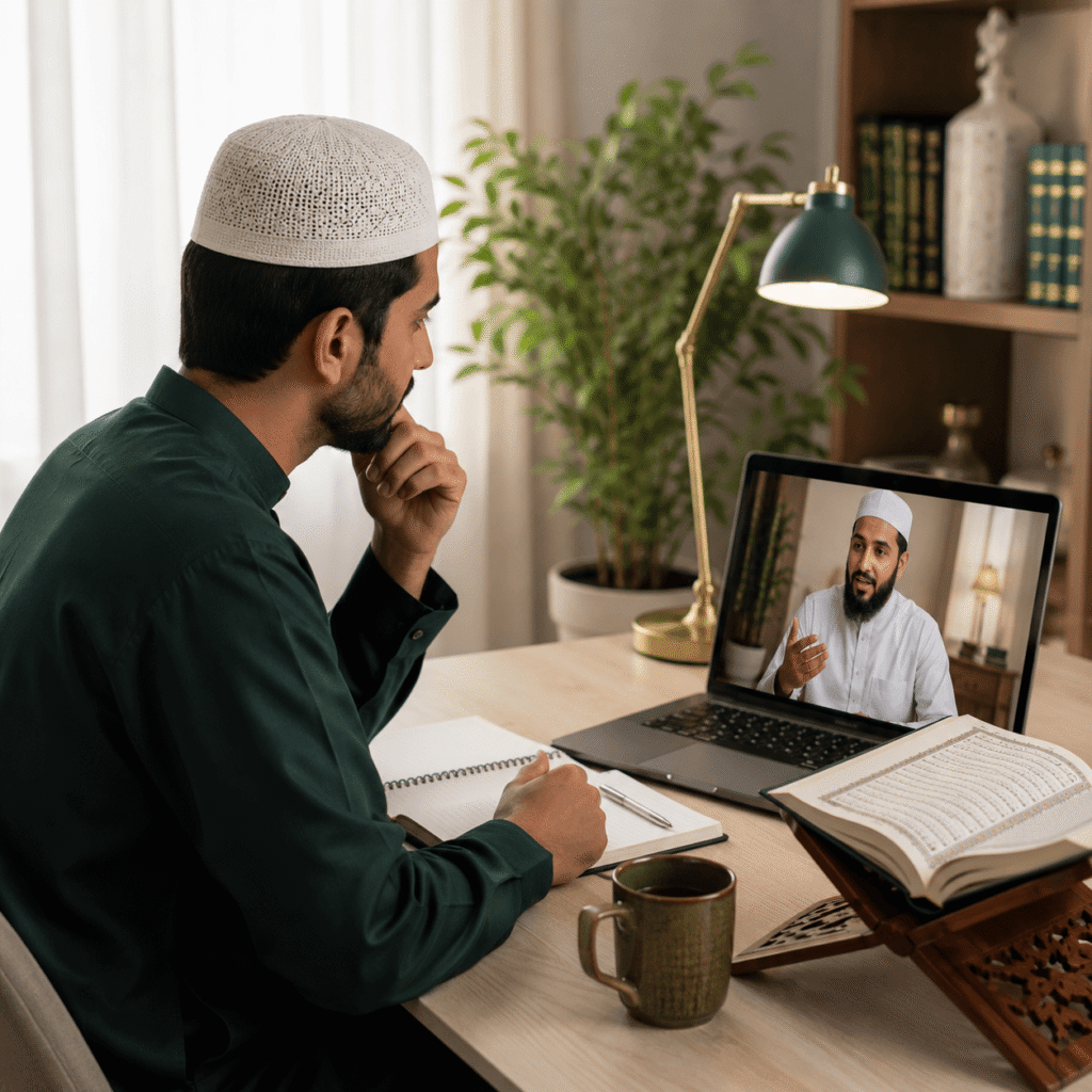 Muslim student learning Quran online with a teacher