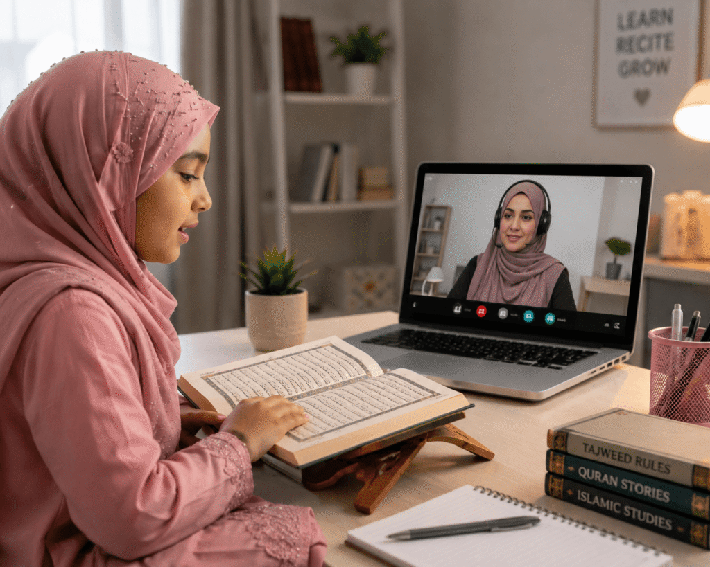 Muslim student learning Quran online with a teacher