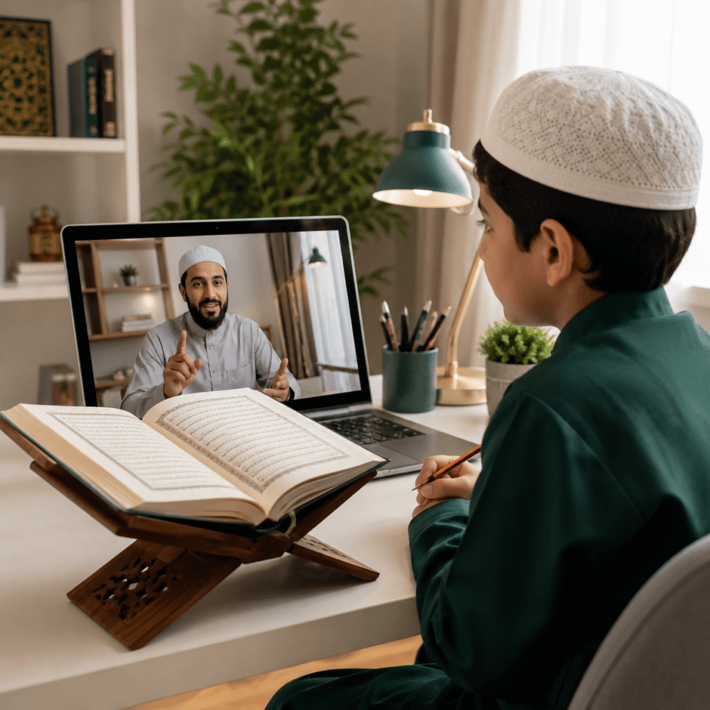 Muslim student learning Quran Tajweed online with a teacher