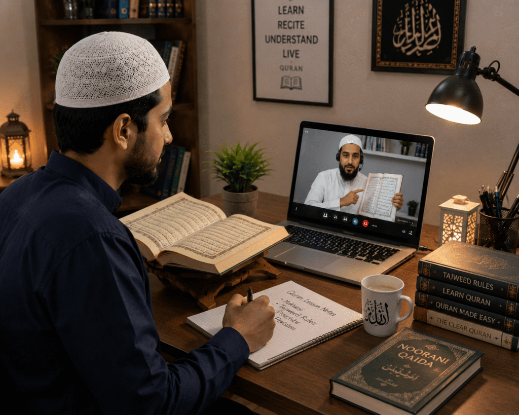 Adult student learning Quran through a private online lesson
