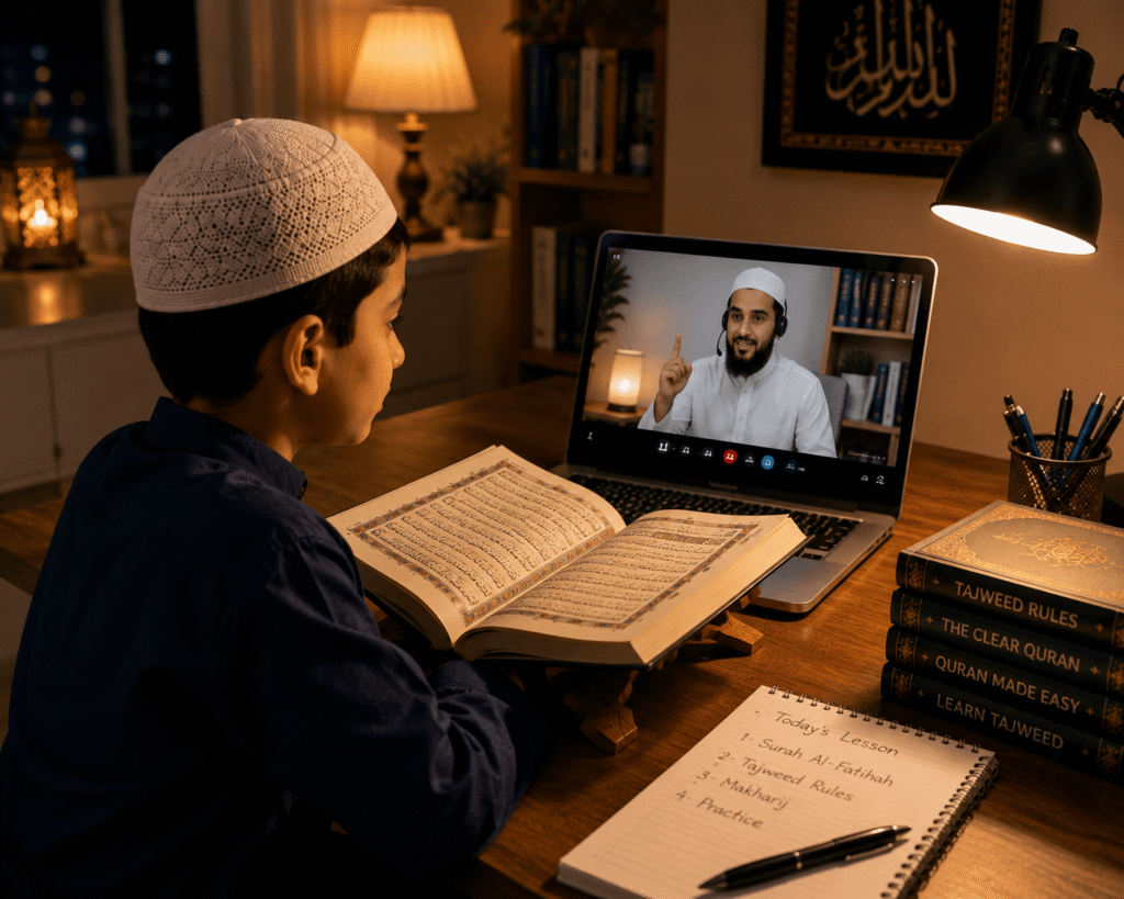 Muslim student learning Quran online with a teacher