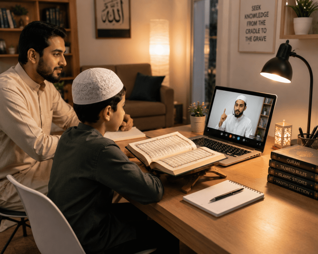 Student attending a live online Quran class with a Quran teacher