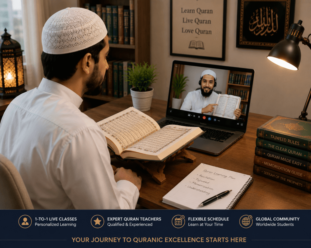 Muslim student learning Quran online with a teacher
