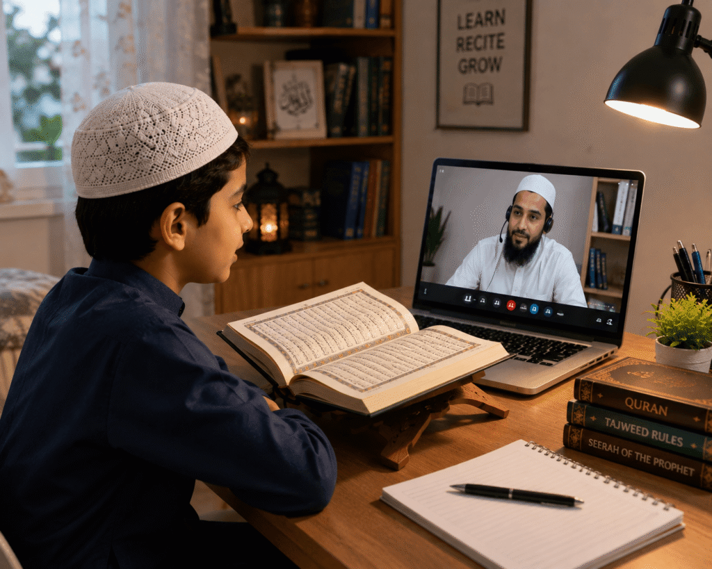Child learning Quran online with a dedicated Quran teacher