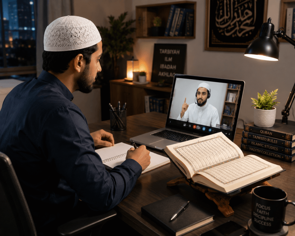 Muslim student learning Quran online with a teacher