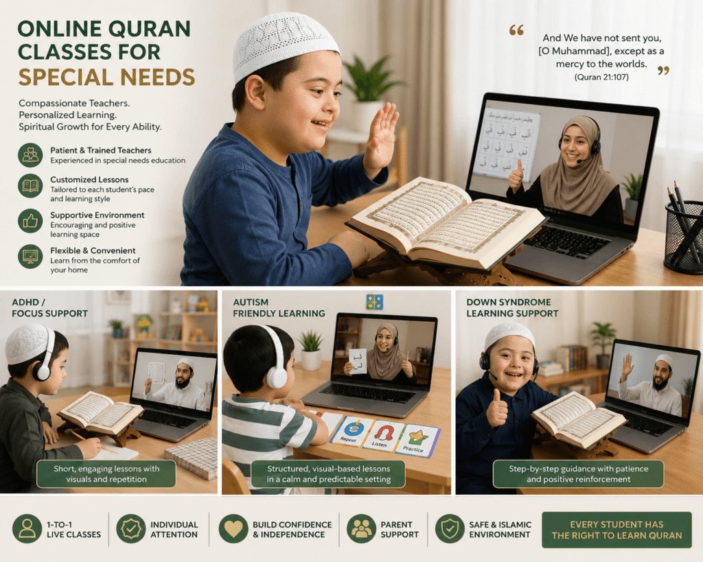 Muslim student learning Quran online with a teacher