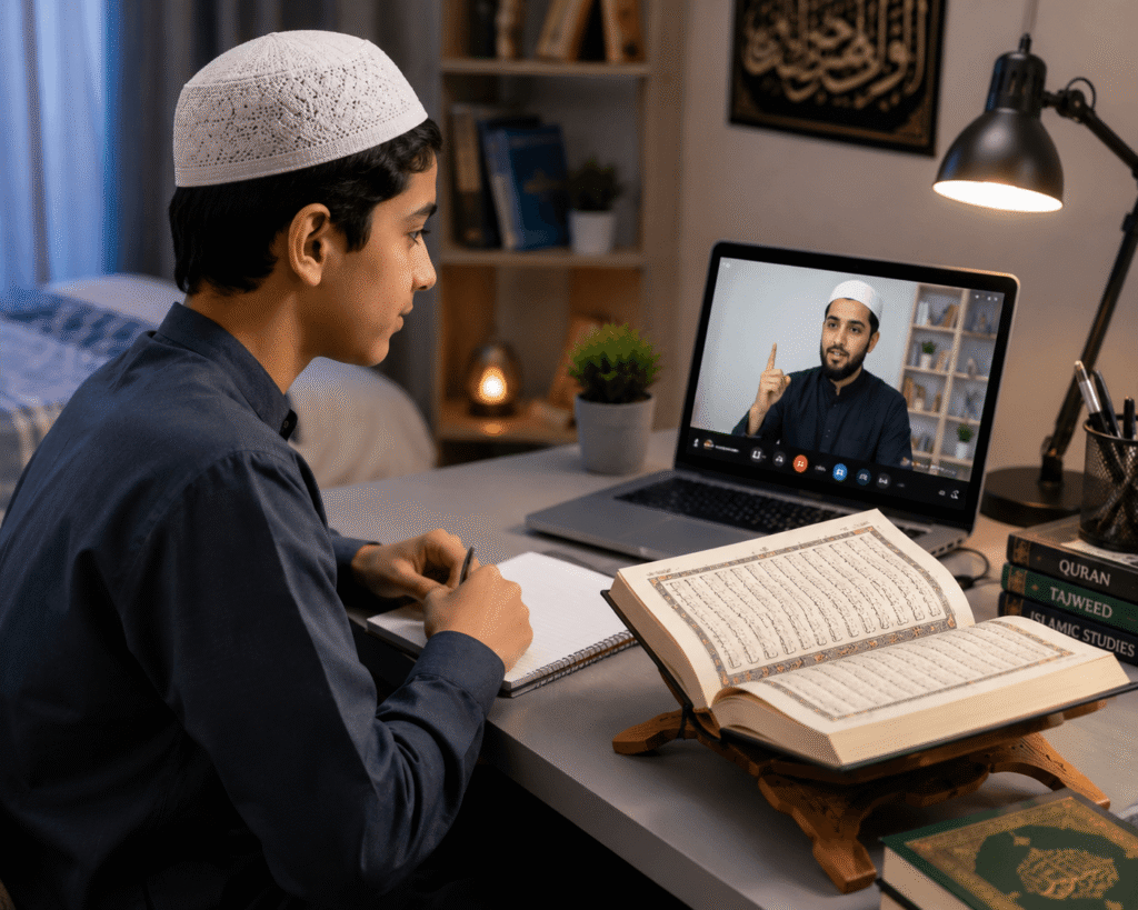 Muslim student learning Quran online with a teacher