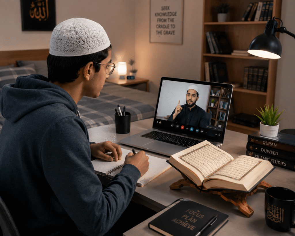 Muslim student learning Quran online with a teacher