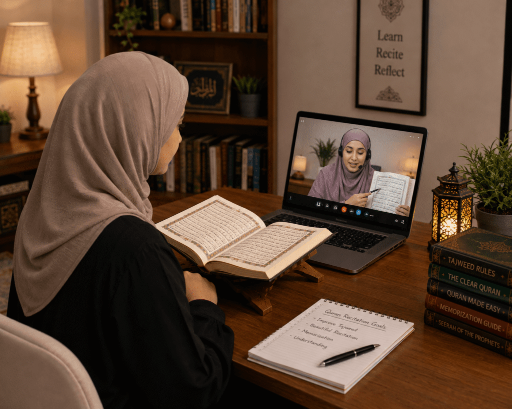 Muslim woman attending an online Quran class with a female teacher